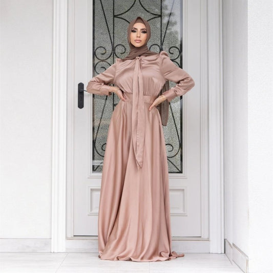 Fashion Large Hem Satin Dress $54.28 Dana Fashion Color: Bare Pink Size: L Women's clothing Product information: Color: nude pink, mint green, reddish brown Sleeve type: puff sleeve Main fabric composition: Polyester (polyester fiber) Size: S,M,L,XL,XXL S