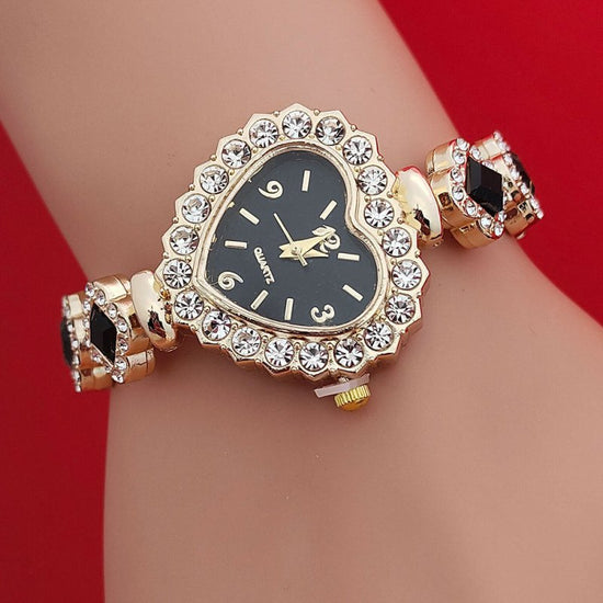 Fashion Love Shape Bracelet Watch Set Diamond Colored Heart Quartz Watch Women's Fashion Jewelry Set Valentine's Day Gift $14.30 Dana Fashion Color: Black Women's Accessories Overview: Unique design, stylish and beautiful. Good material, High quality. A v