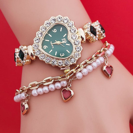 Fashion Love Shape Bracelet Watch Set Diamond Colored Heart Quartz Watch Women's Fashion Jewelry Set Valentine's Day Gift $19.33 Dana Fashion Color: Green Watch Bracelet Women's Accessories Overview: Unique design, stylish and beautiful. Good material, Hi