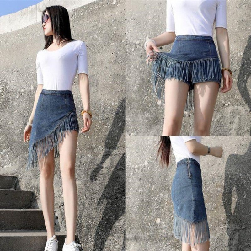 Fashion New Tassel Denim Skirt For Women $48.50 Dana Fashion Color: Light Blue Size: L Women's clothing Product information: Pattern: Other Fabric name: denim Skirt type: hip skirt Color: blue, light blue Main fabric composition: Cotton Size: S [waist cir