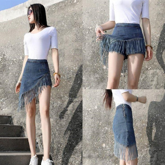 Fashion New Tassel Denim Skirt For Women $48.50 Dana Fashion Color: Light Blue Size: L Women's clothing Product information: Pattern: Other Fabric name: denim Skirt type: hip skirt Color: blue, light blue Main fabric composition: Cotton Size: S [waist cir