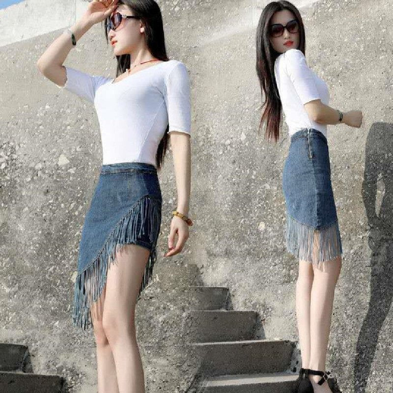 Fashion New Tassel Denim Skirt For Women $48.50 Dana Fashion Color: Light Blue Size: L Women's clothing Product information: Pattern: Other Fabric name: denim Skirt type: hip skirt Color: blue, light blue Main fabric composition: Cotton Size: S [waist cir