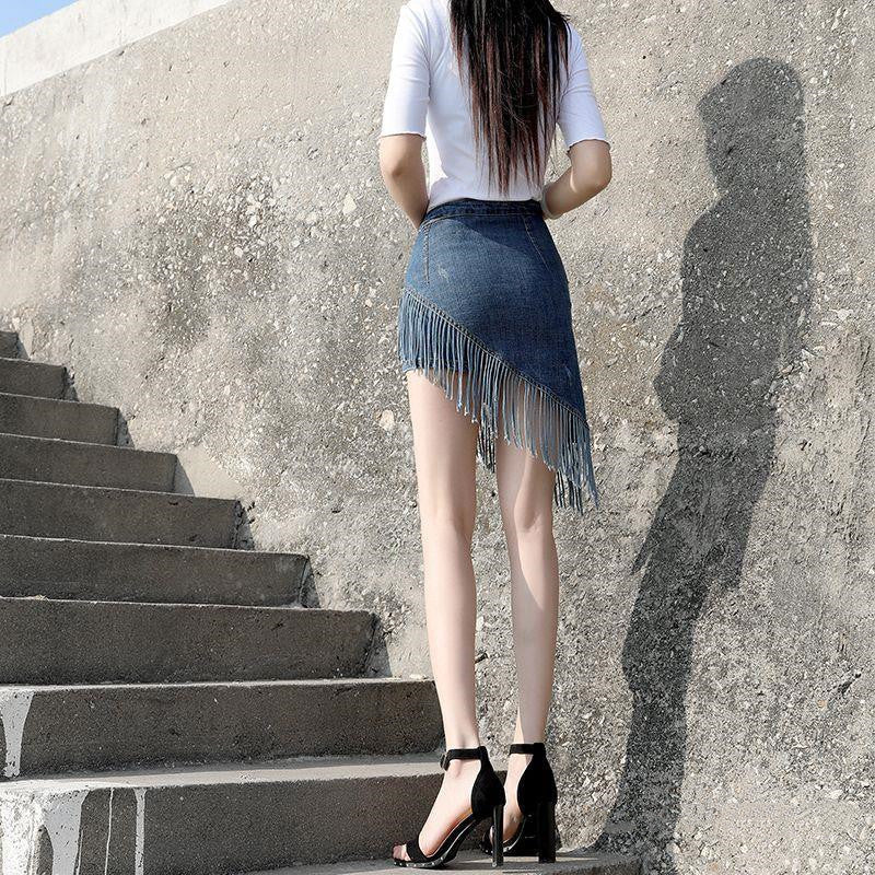 Fashion New Tassel Denim Skirt For Women $48.50 Dana Fashion Color: Light Blue Size: L Women's clothing Product information: Pattern: Other Fabric name: denim Skirt type: hip skirt Color: blue, light blue Main fabric composition: Cotton Size: S [waist cir