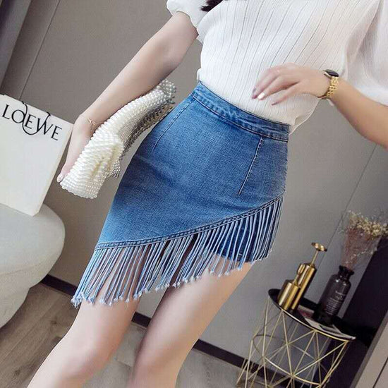 Fashion New Tassel Denim Skirt For Women $48.50 Dana Fashion Color: Light Blue Size: XL Women's clothing Product information: Pattern: Other Fabric name: denim Skirt type: hip skirt Color: blue, light blue Main fabric composition: Cotton Size: S [waist ci