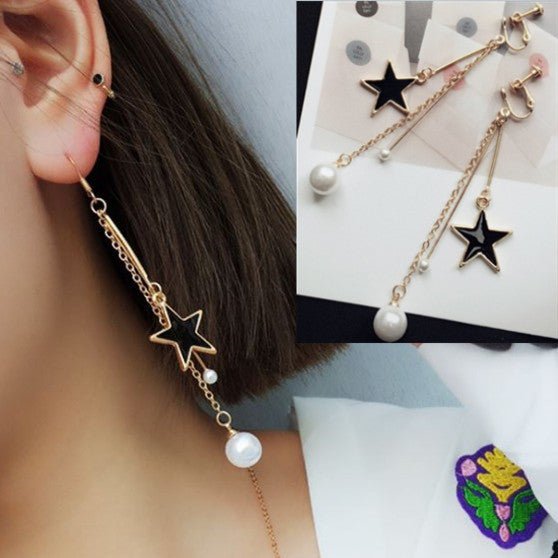 Fashion Personalized Long Pearl Tassel Earrings $7.50 Dana Fashion Style: Ear Clip Women's Accessories Product information: Treatment Process: dripping oil Style: ear studs, ear hook, ear clip Color: Silver Material: Alloy Shape: Star Packing list: Earrin