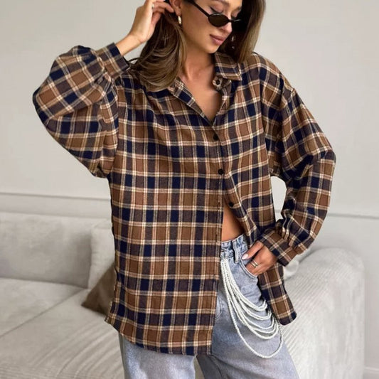 Fashion Plaid Shirt Loose Plaid $39.00 Dana Fashion Color: Plaid Size: L Women's clothing Product information: Color: Plaid Size: S,M,L Version: Loose Popular elements: Plaid Fabric name: Cotton Length: medium length (65cm Sleeve length: long sleeve Craft