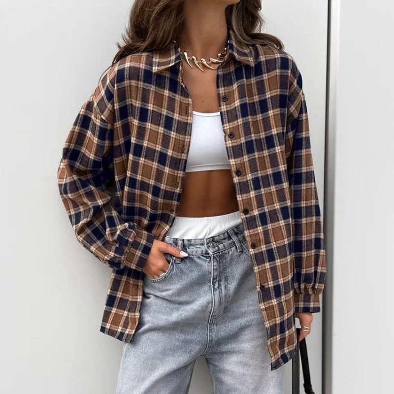 Fashion Plaid Shirt Loose Plaid $39.00 Dana Fashion Color: Plaid Size: L Women's clothing Product information: Color: Plaid Size: S,M,L Version: Loose Popular elements: Plaid Fabric name: Cotton Length: medium length (65cm Sleeve length: long sleeve Craft