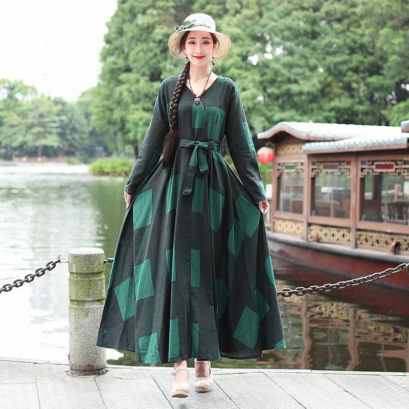 Fashion Plus size Cotton And Linen Mid-length Dress Loose And Thin Long Skirt $39.90 Dana Fashion Color: Green Size: L Women's clothing Product information Style: literature and art Pattern: grid Process: Printing/Dyeing Style: basic Skirt length: long sk