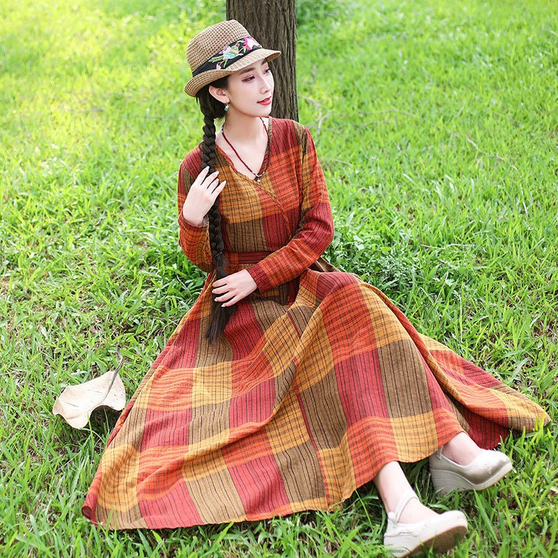 Fashion Plus size Cotton And Linen Mid-length Dress Loose And Thin Long Skirt $39.90 Dana Fashion Color: Orange Size: L Women's clothing Product information Style: literature and art Pattern: grid Process: Printing/Dyeing Style: basic Skirt length: long s