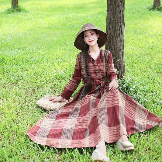 Fashion Plus size Cotton And Linen Mid-length Dress Loose And Thin Long Skirt $39.90 Dana Fashion Color: Green Size: L Women's clothing Product information Style: literature and art Pattern: grid Process: Printing/Dyeing Style: basic Skirt length: long sk