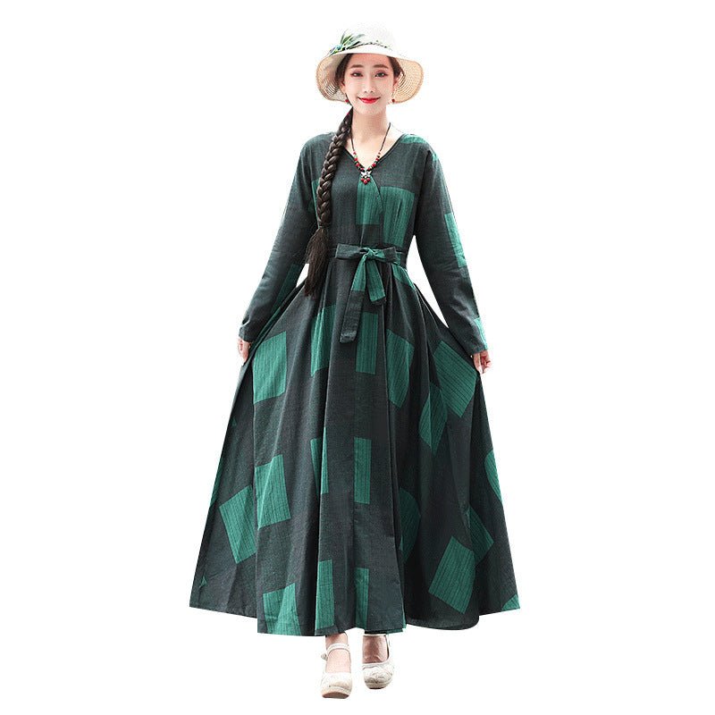 Fashion Plus size Cotton And Linen Mid-length Dress Loose And Thin Long Skirt $39.90 Dana Fashion Color: Green Size: L Women's clothing Product information Style: literature and art Pattern: grid Process: Printing/Dyeing Style: basic Skirt length: long sk