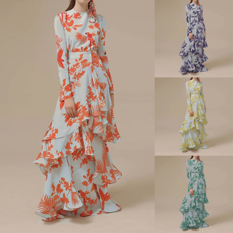 Fashion Printed Ruffles Holiday Dress $68.78 Dana Fashion Color: Blue Size: L Women's clothing Product information: Pattern: Printing Color: yellow, orange, green, blue Waist Type: Mid waist Size: S,M,L,XL,XXL Skirt length: long skirt Sleeve type: regular