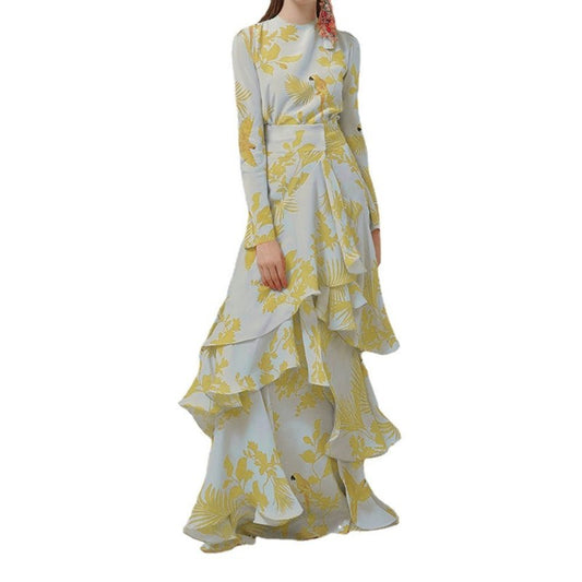 Fashion Printed Ruffles Holiday Dress $68.78 Dana Fashion Color: Blue Size: L Women's clothing Product information: Pattern: Printing Color: yellow, orange, green, blue Waist Type: Mid waist Size: S,M,L,XL,XXL Skirt length: long skirt Sleeve type: regular