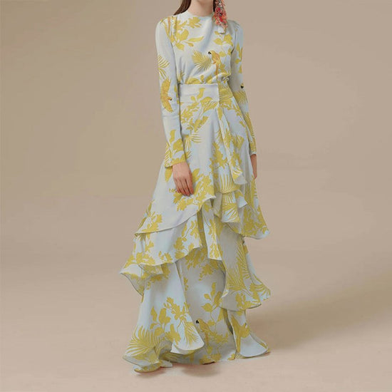Fashion Printed Ruffles Holiday Dress $68.78 Dana Fashion Color: Yellow Size: L Women's clothing Product information: Pattern: Printing Color: yellow, orange, green, blue Waist Type: Mid waist Size: S,M,L,XL,XXL Skirt length: long skirt Sleeve type: regul