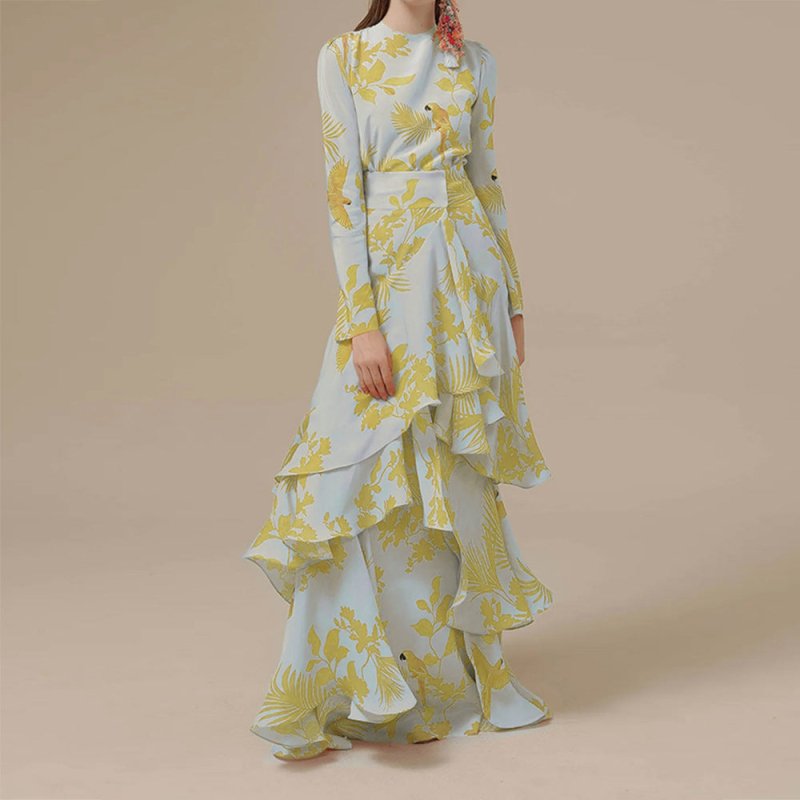 Fashion Printed Ruffles Holiday Dress $68.78 Dana Fashion Color: Yellow Size: L Women's clothing Product information: Pattern: Printing Color: yellow, orange, green, blue Waist Type: Mid waist Size: S,M,L,XL,XXL Skirt length: long skirt Sleeve type: regul