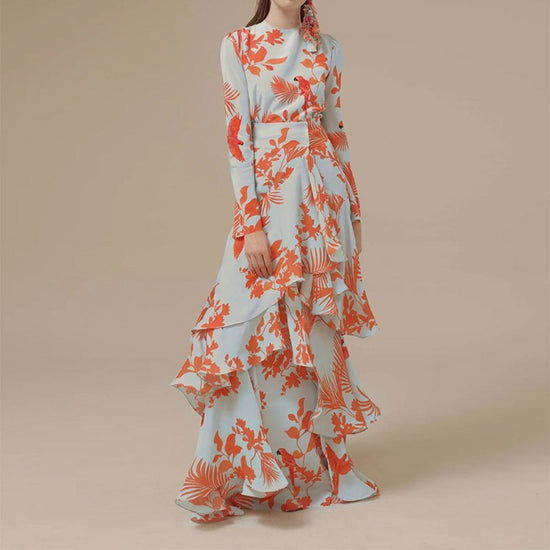 Fashion Printed Ruffles Holiday Dress $68.78 Dana Fashion Color: Blue Size: L Women's clothing Product information: Pattern: Printing Color: yellow, orange, green, blue Waist Type: Mid waist Size: S,M,L,XL,XXL Skirt length: long skirt Sleeve type: regular