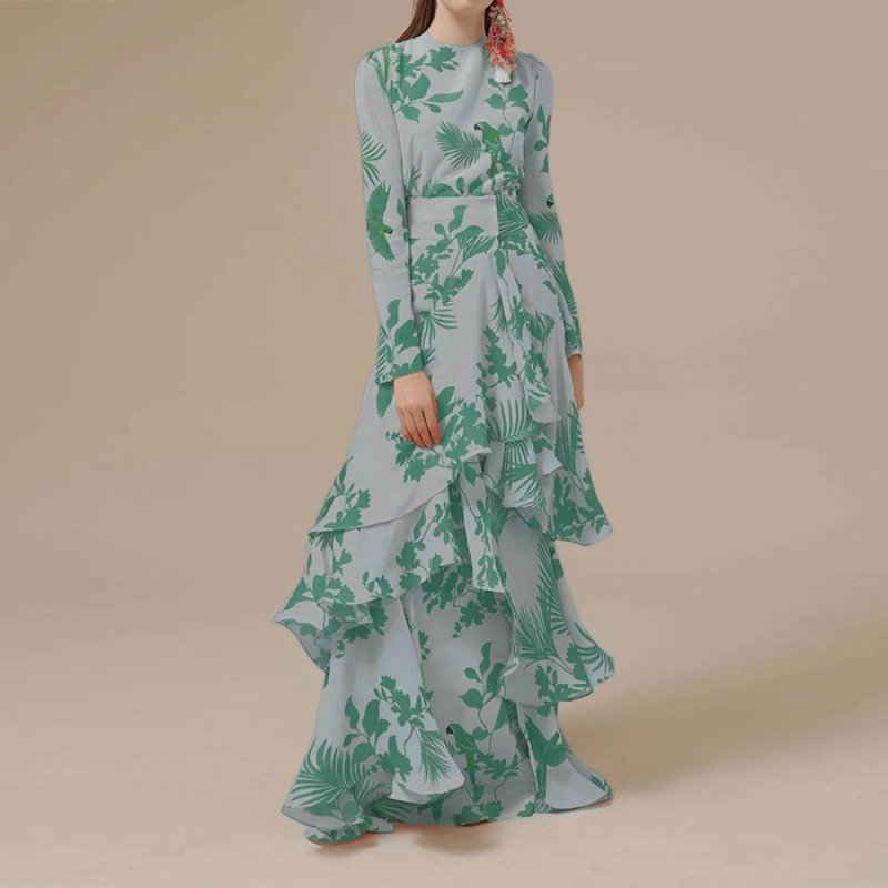 Fashion Printed Ruffles Holiday Dress $68.78 Dana Fashion Color: Green Size: L Women's clothing Product information: Pattern: Printing Color: yellow, orange, green, blue Waist Type: Mid waist Size: S,M,L,XL,XXL Skirt length: long skirt Sleeve type: regula