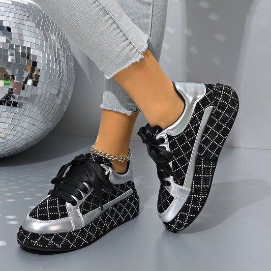 Fashion Rhinestone Flats Shoes Versatile Thick-soled Lace-up Casual Shoes Women's Sneakers $59.90 Dana Fashion Color: Gold Size: Size35 Women's shoes Overview: Unique design, stylish and beautiful. Good material, comfortable wear. A variety of colors, any