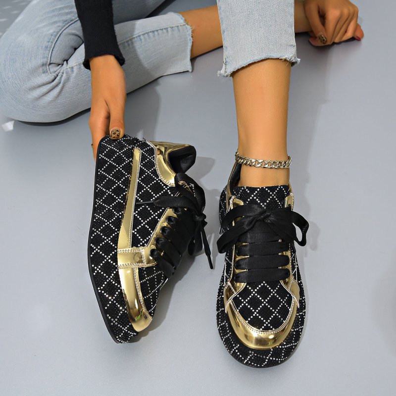 Fashion Rhinestone Flats Shoes Versatile Thick-soled Lace-up Casual Shoes Women's Sneakers $59.90 Dana Fashion Color: Gold Size: Size35 Women's shoes Overview: Unique design, stylish and beautiful. Good material, comfortable wear. A variety of colors, any