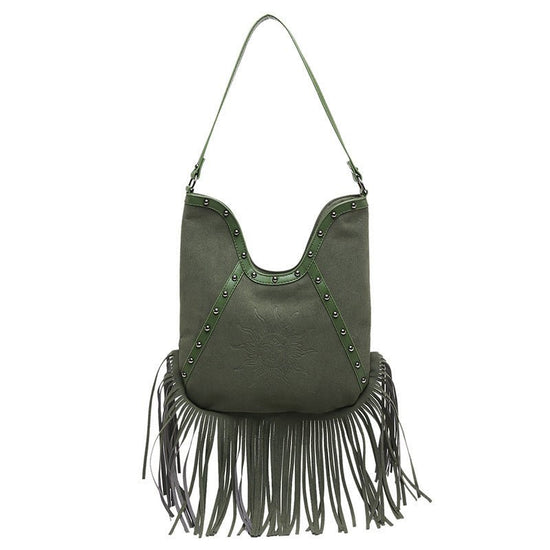 Fashion Rivet Shoulder Large-capacity Crossbody Bag $37.47 Dana Fashion Color: Green Women's Bags Product information: Color: black, green, red, brown Hardness: soft Material: PU Suitcase shape: Bucket Bag internal structure: zipper change bag Popular ele
