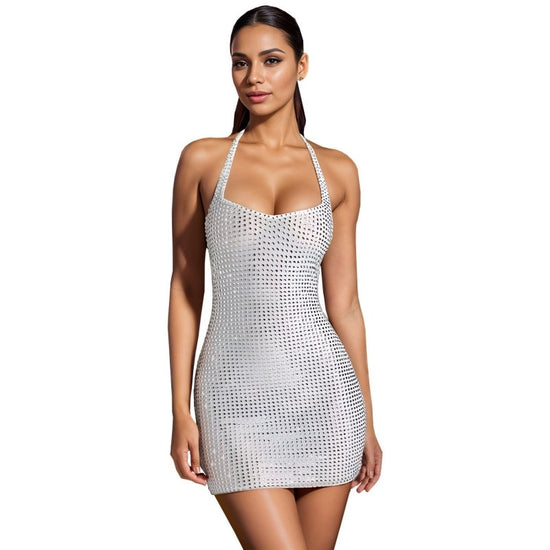 Fashion Sexy Halter Rhinestone Slim-fit Sheath Dress $53.50 Dana Fashion Color: White Size: L Women's clothing Product information: Color: apricot,White Waist type: high waist Size: S,M,L,XL,XXL Sleeve type: sleeveless Main fabric composition: Polyester (