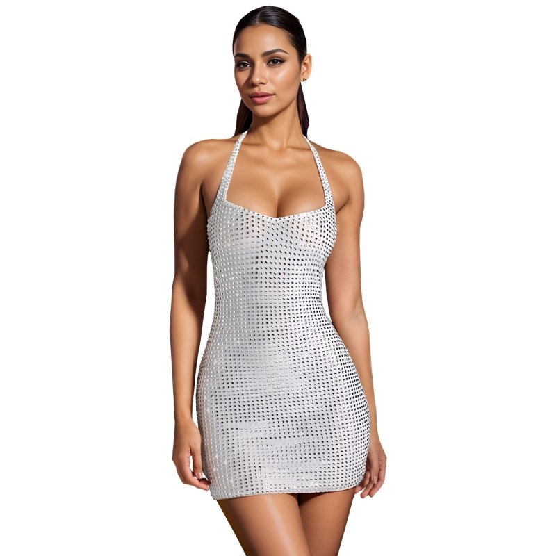 Fashion Sexy Halter Rhinestone Slim-fit Sheath Dress $53.50 Dana Fashion Color: White Size: L Women's clothing Product information: Color: apricot,White Waist type: high waist Size: S,M,L,XL,XXL Sleeve type: sleeveless Main fabric composition: Polyester (