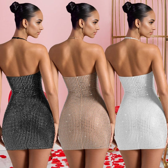 Fashion Sexy Halter Rhinestone Slim-fit Sheath Dress $53.50 Dana Fashion Color: Apricot Size: L Women's clothing Product information: Color: apricot,White Waist type: high waist Size: S,M,L,XL,XXL Sleeve type: sleeveless Main fabric composition: Polyester