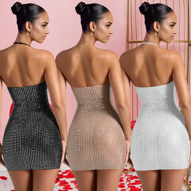 Fashion Sexy Halter Rhinestone Slim-fit Sheath Dress $53.50 Dana Fashion Color: Apricot Size: L Women's clothing Product information: Color: apricot,White Waist type: high waist Size: S,M,L,XL,XXL Sleeve type: sleeveless Main fabric composition: Polyester