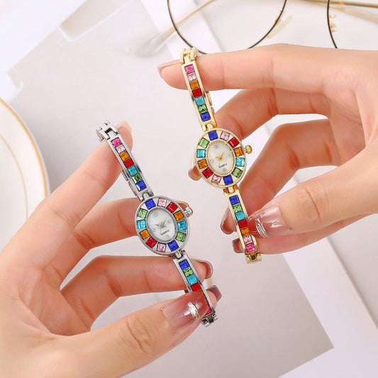 Fashion Small Oval Colorful Crystals Watch $14.82 Dana Fashion Color: Gold Women's Accessories Product information: Special function: Decoration Display type: pointer Style: Korean Waterproof: Not allowed Movement type: Quartz Thickness: 6.5mm Dial diamet