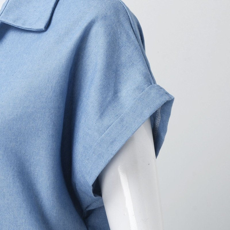 Fashion Solid Color Denim Short Sleeve Jumpsuit Slit Skirt $42.94 Dana Fashion Color: Picture Color Size: 2XL Women's clothing Product information: Pattern: solid color Skirt type: A- line skirt Color: Picture color Waist type: wide waist Size: S,M,L,XL,2