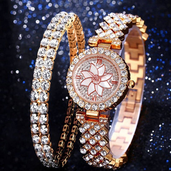 Fashion Temperament Diamond Starry Bracelet Watch Lady Creative Gift Set $21.51 Dana Fashion Color: Rose Gold style: Package1 Women's Accessories Product information: product information Name: Fashion Trend Business Diamond Luxury Elegant Quartz Watch and