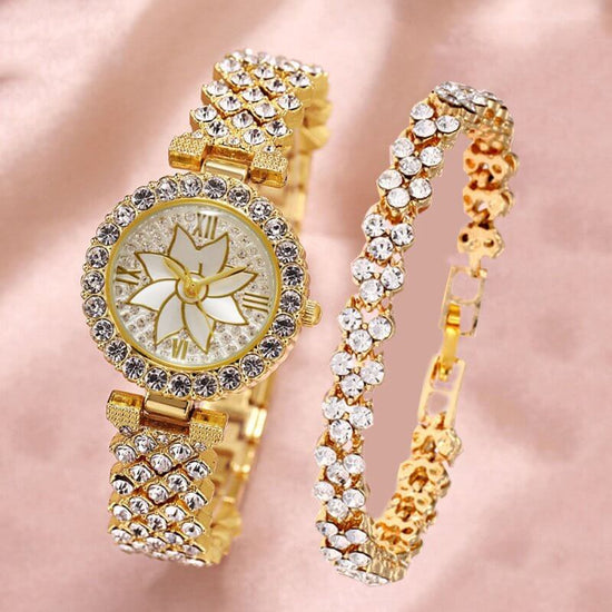 Fashion Temperament Diamond Starry Bracelet Watch Lady Creative Gift Set $21.51 Dana Fashion Color: Gold style: Package1 Women's Accessories Product information: product information Name: Fashion Trend Business Diamond Luxury Elegant Quartz Watch and Brac