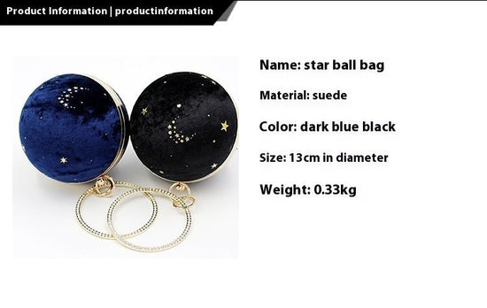 Fashion Temperament Starry Sky Ball Bag Suede Dinner Bag Evening Party $45.88 Dana Fashion Color: Black Size: Diameter 13cm Women's Bags Product information: Lining texture: Polyester Applicable scenarios: Daily matching Color: black, dark blue, milk tea