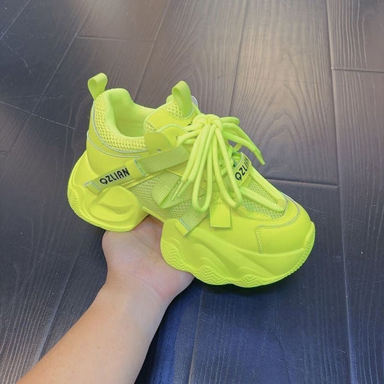 Fashion Thick Bottom Sneaker Women's All-match $40.97 Dana Fashion Color: Fluorescent Yellow Size: 35 Women's shoes Product information: Pattern: solid color Applicable sports: Universal Lining material: Mesh Color: white, Rose Red, fluorescent yellow Upp