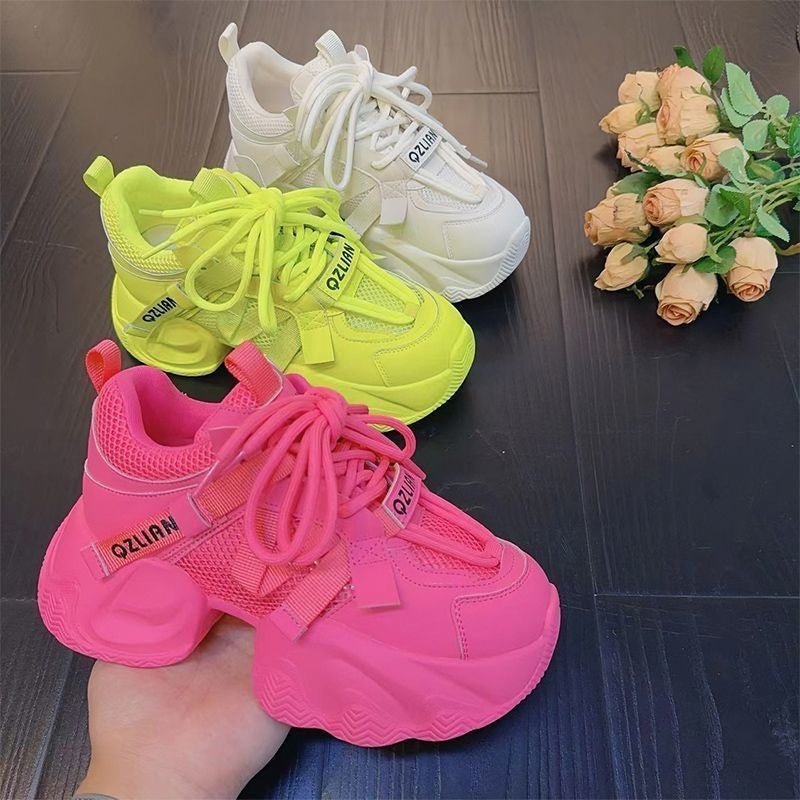 Fashion Thick Bottom Sneaker Women's All-match $40.97 Dana Fashion Color: Fluorescent Yellow Size: 35 Women's shoes Product information: Pattern: solid color Applicable sports: Universal Lining material: Mesh Color: white, Rose Red, fluorescent yellow Upp