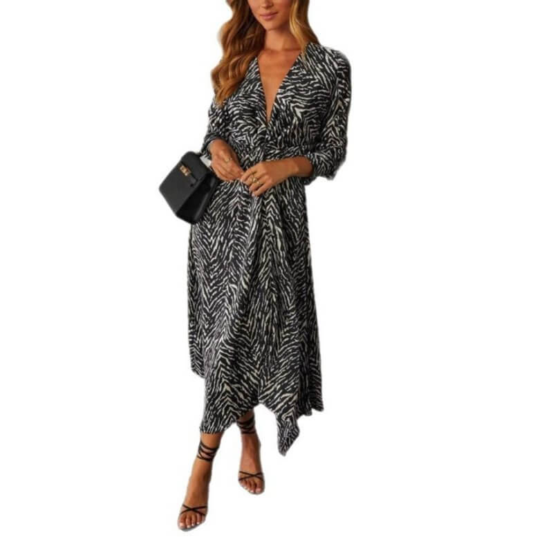 Fashion V-neck Shirt Button Printed Long Sleeve Dress $29.90 Dana Fashion Color: Black Size: L Women's clothing Product information: Color: Black Waist Type: Mid waist Size: S,M,L,XL Combination form: Single piece Fabric name: Polyester Sleeve length: lon