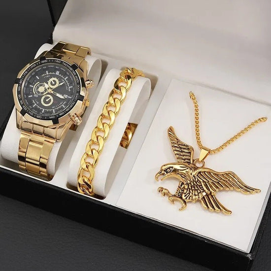 Fashion Watch Gift Suit Quartz Watch Necklace Bracelet Ring Stud Earrings $39.00 Dana Fashion Color: Golden Eagle Watch Suit Women's Accessories Product information: Color ：Green Watch Suit, Black Watch Suit, Red Watch Suit, Black Watch Suit, Red Watch Su