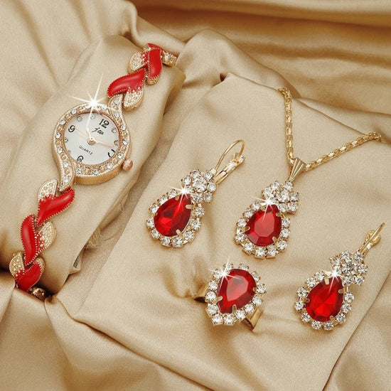 Fashion Watch Gift Suit Quartz Watch Necklace Bracelet Ring Stud Earrings $39.00 Dana Fashion Color: Red Love Watch Suit Women's Accessories Product information: Color ：Green Watch Suit, Black Watch Suit, Red Watch Suit, Black Watch Suit, Red Watch Suit,
