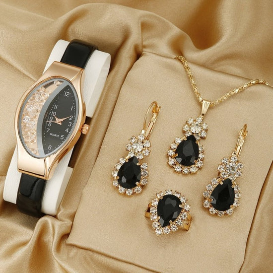 Fashion Watch Gift Suit Quartz Watch Necklace Bracelet Ring Stud Earrings $39.00 Dana Fashion Color: Oval Black Watch Suit Women's Accessories Product information: Color ：Green Watch Suit, Black Watch Suit, Red Watch Suit, Black Watch Suit, Red Watch Suit