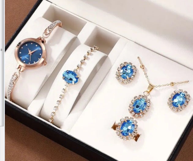 Fashion Watch Gift Suit Quartz Watch Necklace Bracelet Ring Stud Earrings $39.00 Dana Fashion Color: Sky Blue Watch Suit Women's Accessories Product information: Color ：Green Watch Suit, Black Watch Suit, Red Watch Suit, Black Watch Suit, Red Watch Suit,