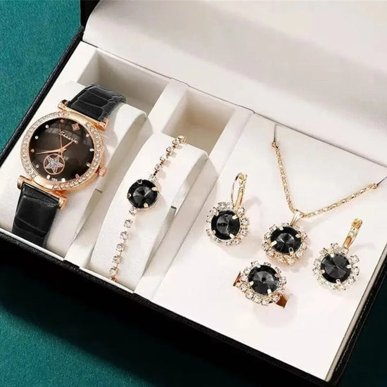 Fashion Watch Gift Suit Quartz Watch Necklace Bracelet Ring Stud Earrings $39.00 Dana Fashion Color: Black Watch Suit Women's Accessories Product information: Color ：Green Watch Suit, Black Watch Suit, Red Watch Suit, Black Watch Suit, Red Watch Suit, Red