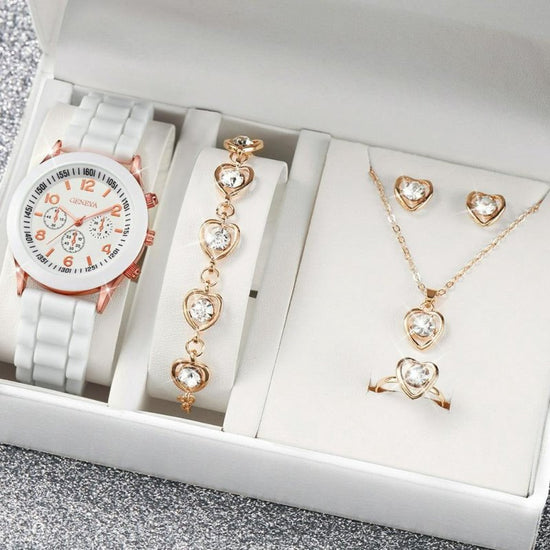 Fashion Watch Gift Suit Quartz Watch Necklace Bracelet Ring Stud Earrings $39.00 Dana Fashion Color: White Geneva Watch Suit Women's Accessories Product information: Color ：Green Watch Suit, Black Watch Suit, Red Watch Suit, Black Watch Suit, Red Watch Su