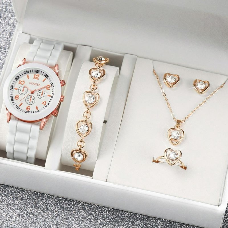Fashion Watch Gift Suit Quartz Watch Necklace Bracelet Ring Stud Earrings $39.00 Dana Fashion Color: White Geneva Watch Suit Women's Accessories Product information: Color ：Green Watch Suit, Black Watch Suit, Red Watch Suit, Black Watch Suit, Red Watch Su