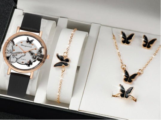Fashion Watch Gift Suit Quartz Watch Necklace Bracelet Ring Stud Earrings $39.00 Dana Fashion Color: Black Butterfly Watch Suit Women's Accessories Product information: Color ：Green Watch Suit, Black Watch Suit, Red Watch Suit, Black Watch Suit, Red Watch