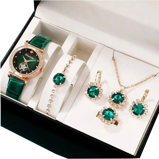 Fashion Watch Gift Suit Quartz Watch Necklace Bracelet Ring Stud Earrings $39.00 Dana Fashion Color: Black Butterfly Watch Suit Women's Accessories Product information: Color ：Green Watch Suit, Black Watch Suit, Red Watch Suit, Black Watch Suit, Red Watch