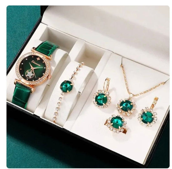 Fashion Watch Gift Suit Quartz Watch Necklace Bracelet Ring Stud Earrings $39.00 Dana Fashion Color: Green Watch Suit Women's Accessories Product information: Color ：Green Watch Suit, Black Watch Suit, Red Watch Suit, Black Watch Suit, Red Watch Suit, Red