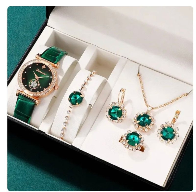 Fashion Watch Gift Suit Quartz Watch Necklace Bracelet Ring Stud Earrings $39.00 Dana Fashion Color: Green Watch Suit Women's Accessories Product information: Color ：Green Watch Suit, Black Watch Suit, Red Watch Suit, Black Watch Suit, Red Watch Suit, Red