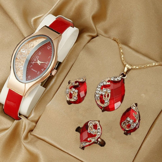 Fashion Watch Gift Suit Quartz Watch Necklace Bracelet Ring Stud Earrings $39.00 Dana Fashion Color: Oval Red Watch Suit Women's Accessories Product information: Color ：Green Watch Suit, Black Watch Suit, Red Watch Suit, Black Watch Suit, Red Watch Suit,