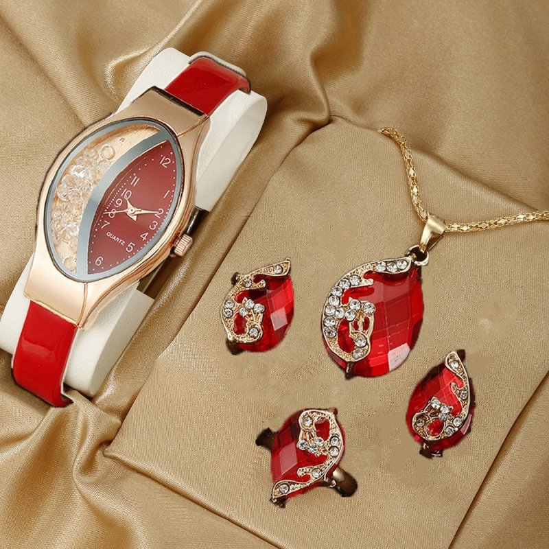 Fashion Watch Gift Suit Quartz Watch Necklace Bracelet Ring Stud Earrings $39.00 Dana Fashion Color: Oval Red Watch Suit Women's Accessories Product information: Color ：Green Watch Suit, Black Watch Suit, Red Watch Suit, Black Watch Suit, Red Watch Suit,