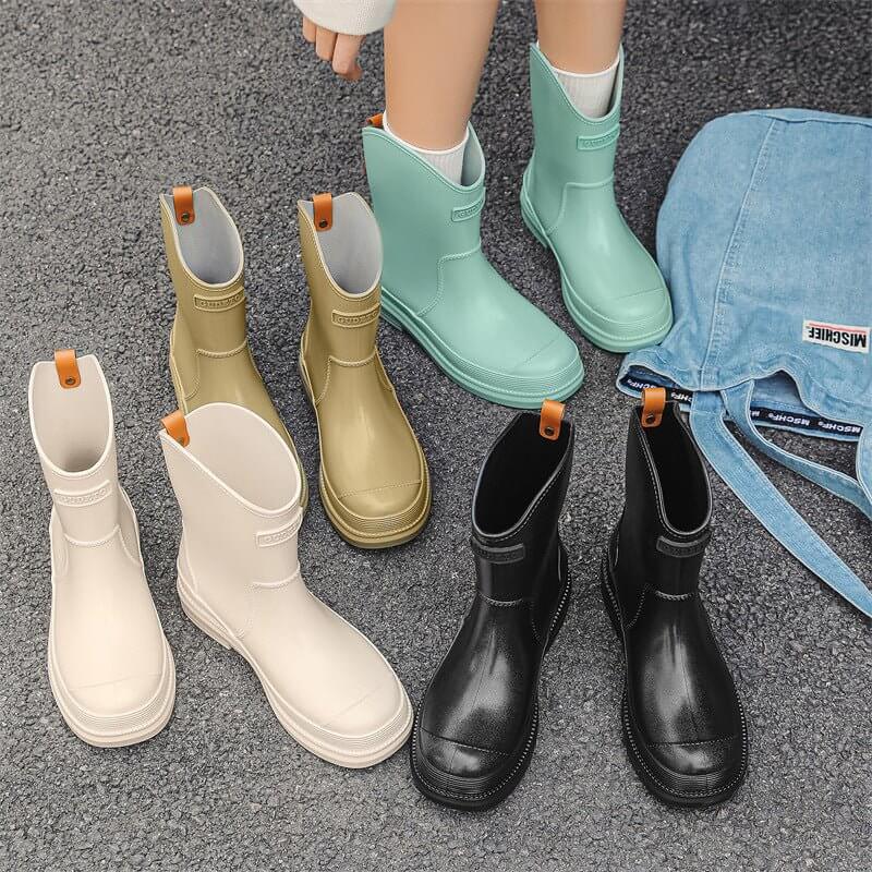 Fashionable All-match Women's Mid-calf Contrast Color Waterproof Shoes Rubber Boots $37.90 Dana Fashion Color: Apricot Brown Size: 35 Women's shoes Product information: Pattern: solid color Color: pure khaki, pure green, pure apricot, pink blue, black, ye